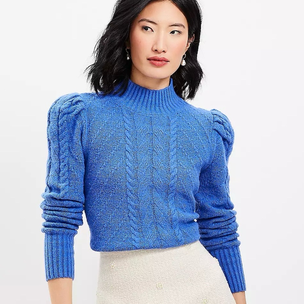 LOFT Puff Sleeve Turtleneck Cable Sweater